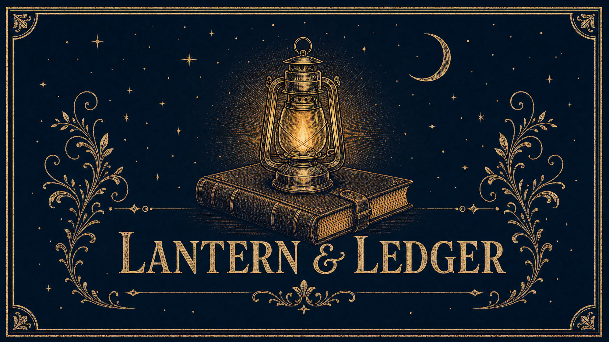 Lantern & Ledger — a glowing lantern resting on an old ledger beneath a crescent moon